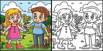 niño dando flores a niña para colorear ilustración vector