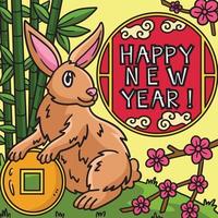 feliz año nuevo conejo coloreado ilustración de dibujos animados vector