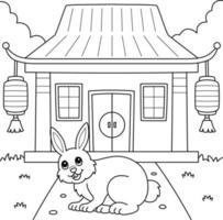 Conejo frente a templo chino para colorear, pintar e imprimir vector