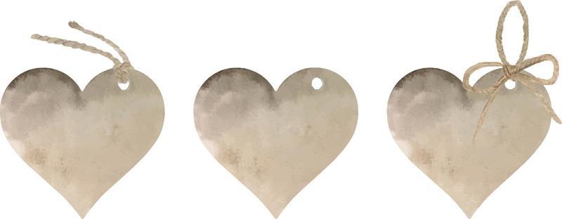Set of watercolor kraft paper tags in the shape of a heart isolated on white background. Shopping labels with strings. Illustration of beige empty sale kr