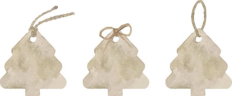 Set of watercolor kraft paper tags in the shape of a christmas tree isolated on white background. Shopping labels with strings. Illustration of beige empty sale kraft label tags