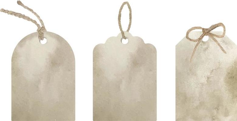 Set of watercolor rectangular kraft paper tags of different shapes isolated on white background. Shopping labels with strings. Illustration of beige empty sale kraft label tags