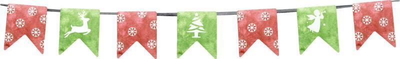 Watercolor green and red Christmas bunting flags with snowflakes and xmas ornaments vector