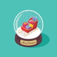 Bola de cristal de feliz navidad 3d con trineo de santa que contiene un montón de regalos vector