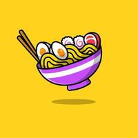 ramen, fideos, huevo, y, carne, con, palillo, caricatura, vector, iconos, illustration. concepto de caricatura plana. adecuado para cualquier proyecto creativo. vector