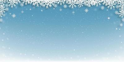 fondo de navidad con paisaje invernal, marco de copos de nieve en el fondo del cielo azul, banner vectorial de la escena invernal para el telón de fondo de vacaciones en el concepto de promoción o venta de año nuevo vector