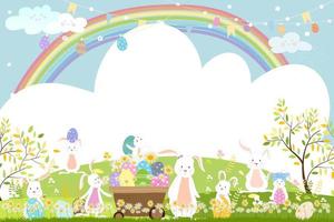 campo de primavera con arco iris, conejito cazando huevos de Pascua, conejos de dibujos animados lindos vectoriales jugando en el campo de hierba verde. banner de primavera o verano con espacio de copia para el fondo de la tarjeta de felicitación de Pascua vector