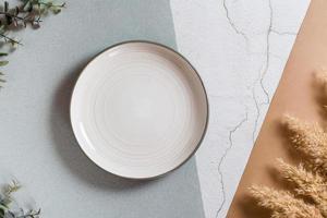 Empty ceramic plate, eucalyptus branches and dry ears on a multi-colored background. Eco concept. photo