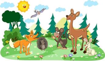 Forest animals set in forest background. Wild animals with nature background vector illustration.