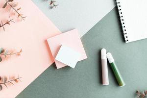 Blank paper for writing, notepad, felt-tip pens and eucalyptus branches on a colored background. Top view. photo