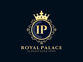 Letter IP Antique royal luxury victorian logo with ornamental frame. vector