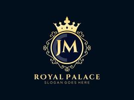 Letter JM Antique royal luxury victorian logo with ornamental frame. vector