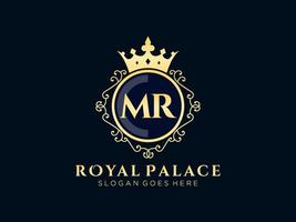 Letter MR Antique royal luxury victorian logo with ornamental frame. vector