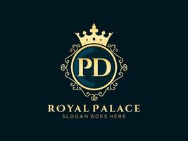 Letter PD Antique royal luxury victorian logo with ornamental frame. vector