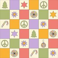 Retro groovy christmas seamless pattern with checkerboard and cute hippie elements. Pastel colors. Trendy vector illustration in style 60s, 70s