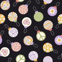 Christmas seamless pattern with retro groovy balls on a black background. Holiday winter print. Vector illustration.