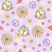 Hippie groovy christmas seamless pattern. Retro festive floral background in style 60s, 70s. Trendy vector illustration. Pastel colors