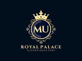 Letter MU Antique royal luxury victorian logo with ornamental frame. vector