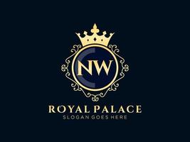 Letter NW Antique royal luxury victorian logo with ornamental frame. vector