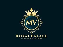 Letter MV Antique royal luxury victorian logo with ornamental frame. vector