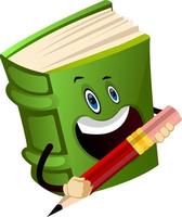 Cartoon book character is holding pencil, illustration, vector on white background.