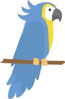 Blue parrot standing on branch, illustration, vector on white background.