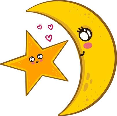 Moon and a star in love, illustration, vector on white background.