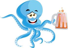 Octopus with beer, illustration, vector on white background.