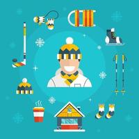 Winter Activity Set Icons with Man in Warm Cloth vector