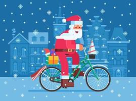 santa con bolsa de regalo en bicicleta de navidad vector