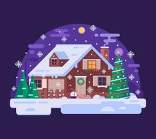 Cartoon Christmas House by Snowy Winter Night vector
