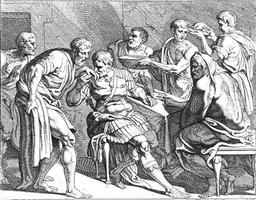 odiseo es recibido por dolios y sus hijos, ilustración antigua. vector