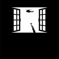 Machine Weapon Gun and the Helicopter Attack, Military Vehicles on the Windows. Silhouette Visual of the Dramatic of the War, Conflict, Combat and or Battle. Vector Illustration