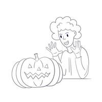 The girl rejoices at the pumpkin. Coloring book in modern style. Halloween flat vector illustration isolated on white background