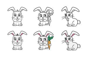 Funny angry rabbit. Set of black and white and colored rabbits on a white background. Page for coloring book vector