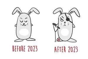 conejos de dibujos animados. conejo lindo y lisiado. símbolo de 2023. meme. conejo antes y despues despues de año nuevo vector