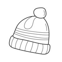 Doodle autumn knitted hat with pompoun, hand drawn warm clothes for winter cold weather, seasonal accesories. Sketch on white background vector