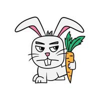 Vector illustration of a rabbit with a carrot. Angry or cunning rabbit. Cartoon vector on white background