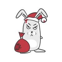 Cartoon hare. Evil bunny in santa hat with a bag of gifts. Vector on white. Funny illustration, new year sticker. Symbol of 2023