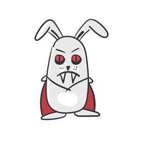 Cartoon rabbit vampire. Illustration for Halloween cards on white. Hare with red eyes, fangs and a vampire cloak vector