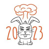 Angry rabbit. Symbol of 2023. Tough year. An explosion behind the back of a cartoon rabbit. Cartoon illustration of a funny rabbit isolated on white vector