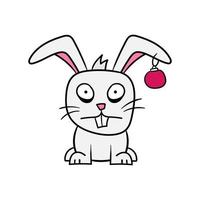 Cute angry bunny. Frightened tired cartoon rabbit with a red Christmas ball in his ear. Symbol of 2023. Illustration isolated on white background vector