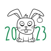 Cute angry bunny. Frightened tired cartoon rabbit with a Christmas ball in his ear. Symbol of 2023. Illustration isolated on white background vector