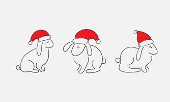 año nuevo chino 2023, año del conejo, personajes de arte lineal, conjunto simple dibujado a mano. lindos conejitos en gorro de Papá Noel sobre fondo gris vector