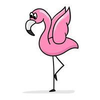 Cartoon flamingo. The cute pink flamingo has raised its wings and stands on one leg. Cartoon sticker, thick outline. Icon for design vector