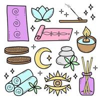 Vector set of spa and yoga icons. Sketch or doodle style on white. Colored elements for the design of the application, website, flyers