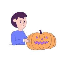 niño con calabaza de halloween. vector de estilo moderno sobre fondo blanco. arte de línea delgada con colores modernos. diseño para banner, invitación, volante