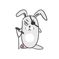 Cartoon angry rabbit with a broken leg and an eye patch. Drawn rabbit on a white background. Funny evil character vector