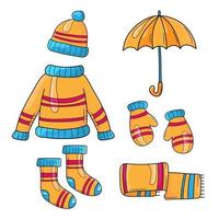 Set of autumn clothes in yellow orange color. Sweater, hat, scarf, socks, mittens and umbrella. Cartoon icons on white background. vector