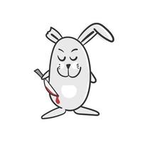 Cute cartoon rabbit with a knife and a bitten off ear. Halloween illustration on a white background. Smiling rabbit with closed eyes. Funny concept vector